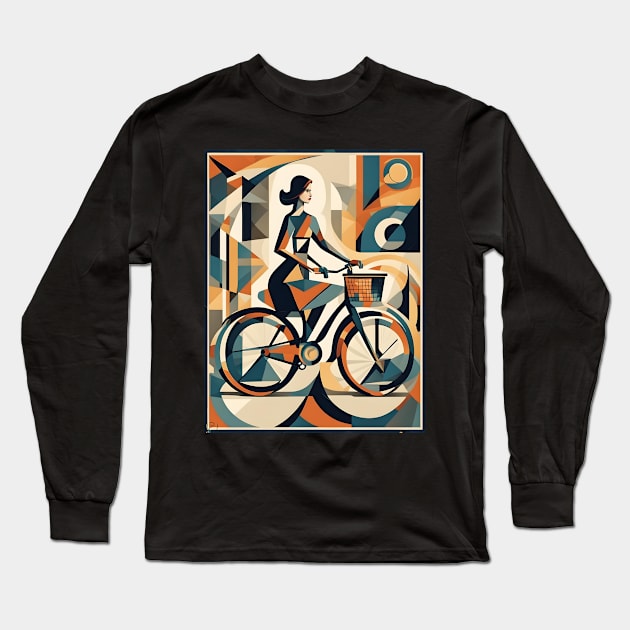 A Woman and a Bicycle 001 - Cubo-Futurism Style Long Sleeve T-Shirt by coolville